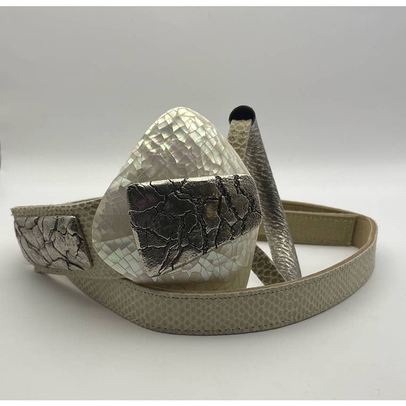 Ornate Beige Belt with Beige Buckle with Mother of Pearl Shell design main image 9